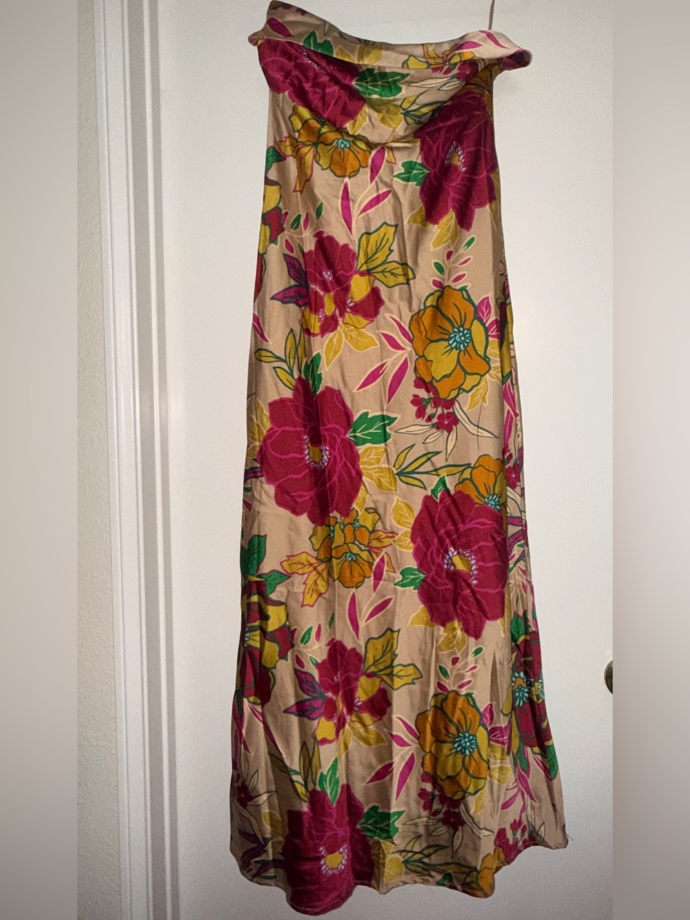 Sincerely Jules Beige Maxi Dress with Fuchsia, Mustard & Green Floral Print